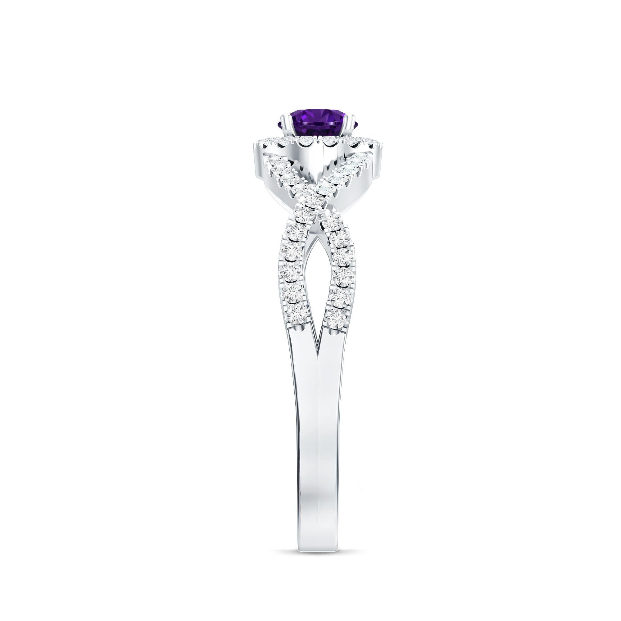Real Amethyst Diamond Halo Engagement Ring with Criss Cross Shank