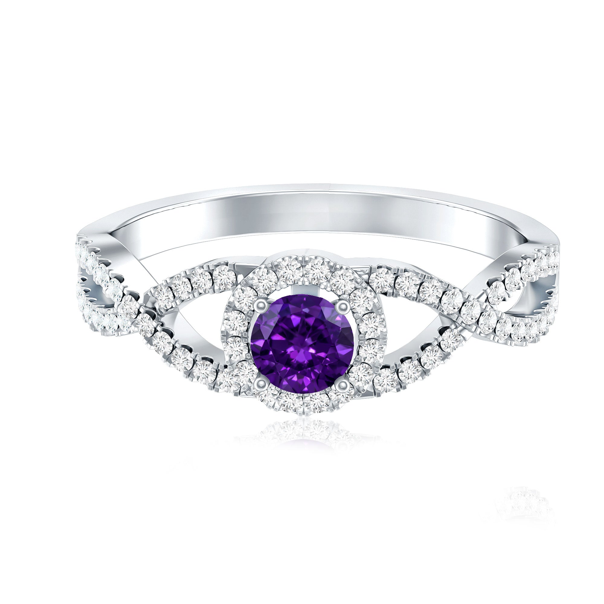 Real Amethyst Diamond Halo Engagement Ring with Criss Cross Shank