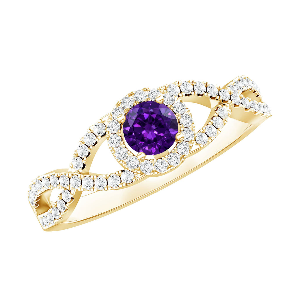 Real Amethyst Diamond Halo Engagement Ring with Criss Cross Shank