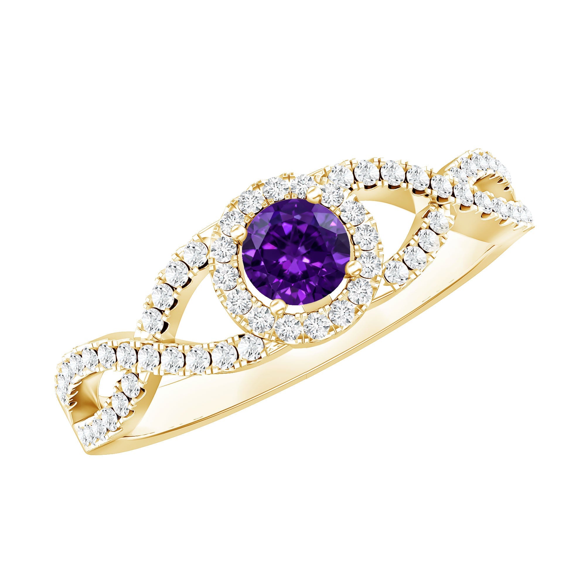 Real Amethyst Diamond Halo Engagement Ring with Criss Cross Shank