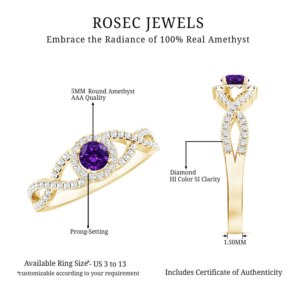 Real Amethyst Diamond Halo Engagement Ring with Criss Cross Shank