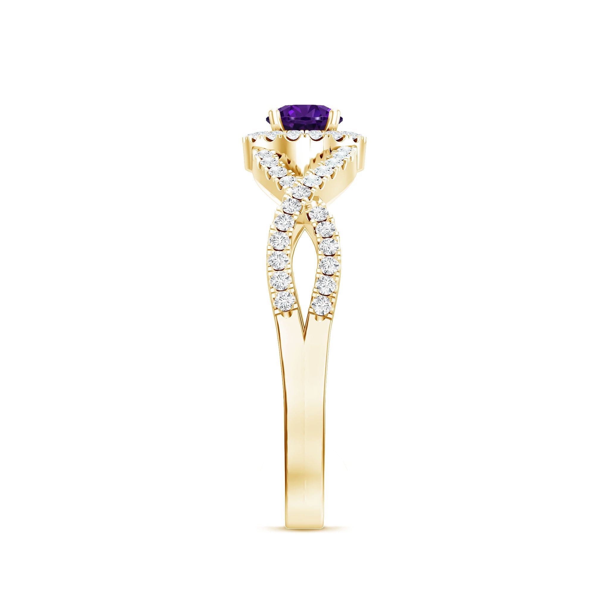 Real Amethyst Diamond Halo Engagement Ring with Criss Cross Shank
