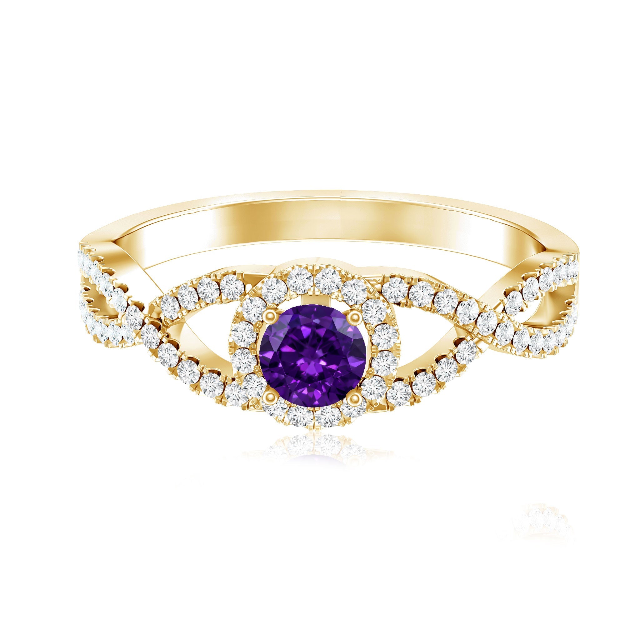 Real Amethyst Diamond Halo Engagement Ring with Criss Cross Shank