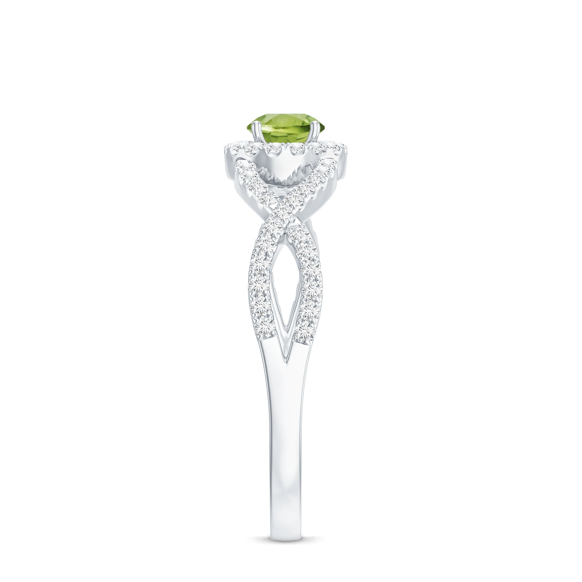 Natural 0.5 Carat Peridot Engagement Ring with Diamond Criss Cross Shank