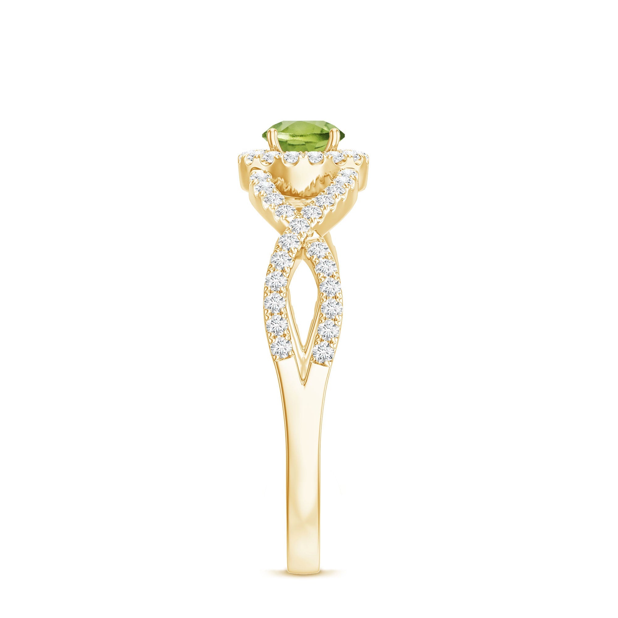 Natural 0.5 Carat Peridot Engagement Ring with Diamond Criss Cross Shank