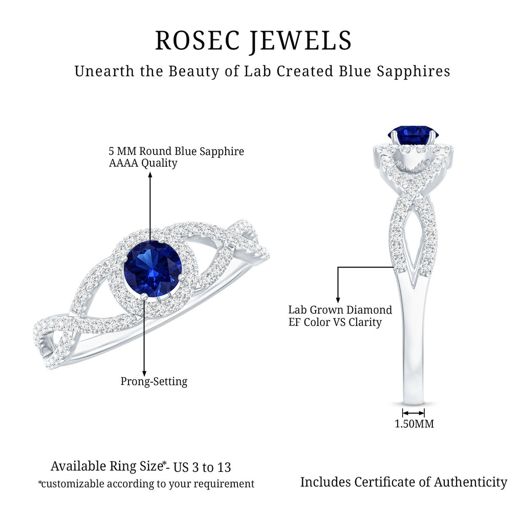 Certified 0.6 Carat Lab Grown Blue Sapphire Crossover Engagement Ring with Diamond