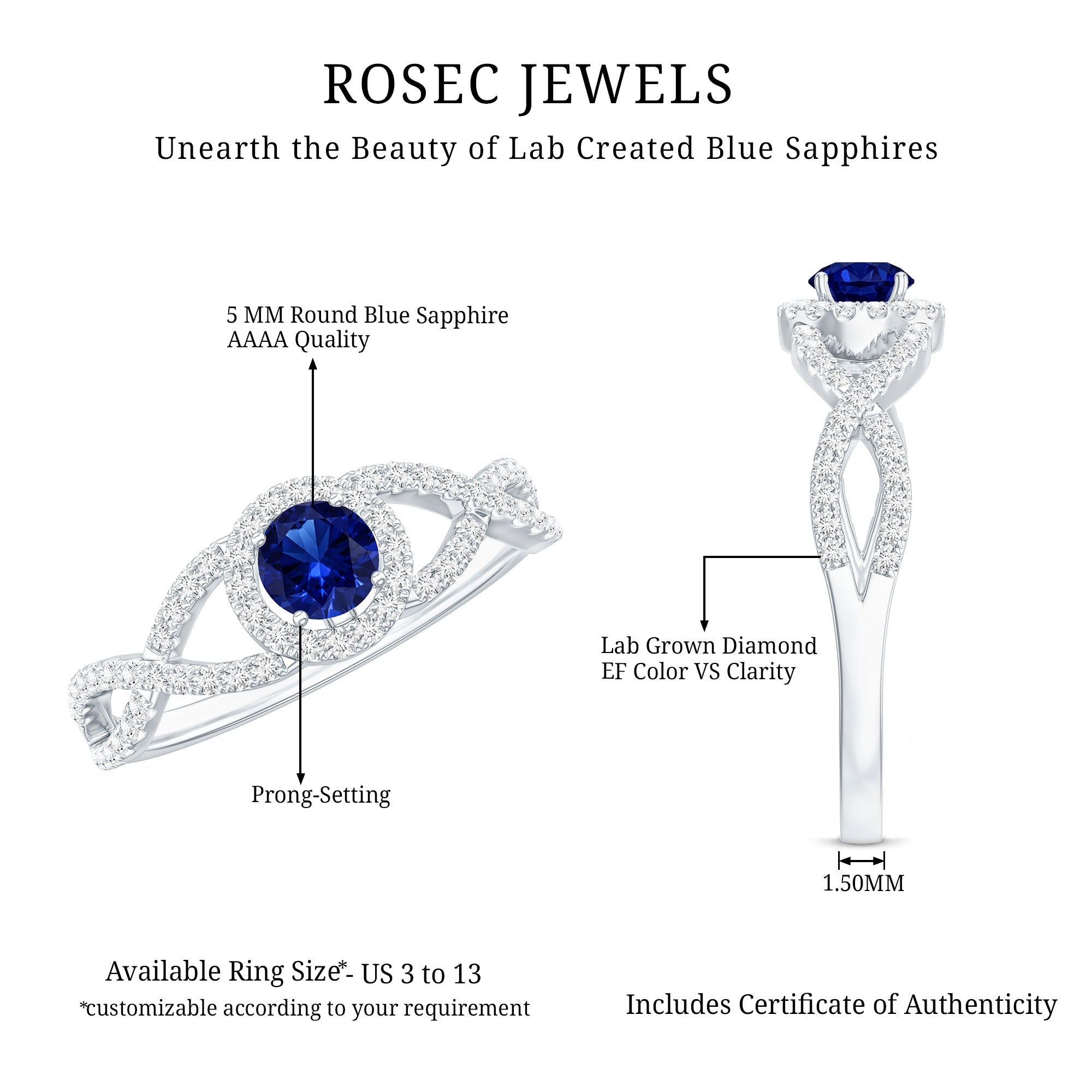 Certified 0.6 Carat Lab Grown Blue Sapphire Crossover Engagement Ring with Diamond