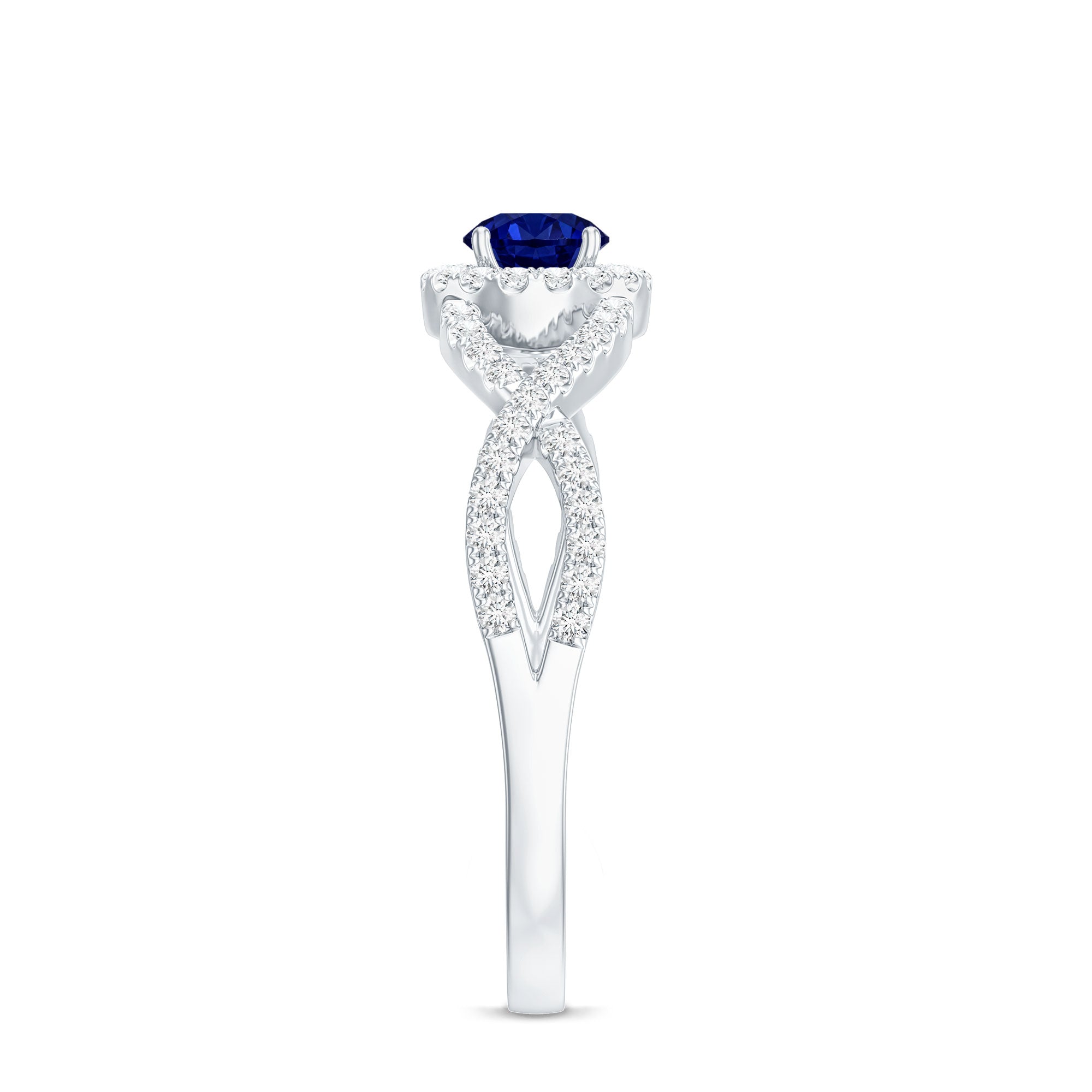 Certified 0.6 Carat Lab Grown Blue Sapphire Crossover Engagement Ring with Diamond