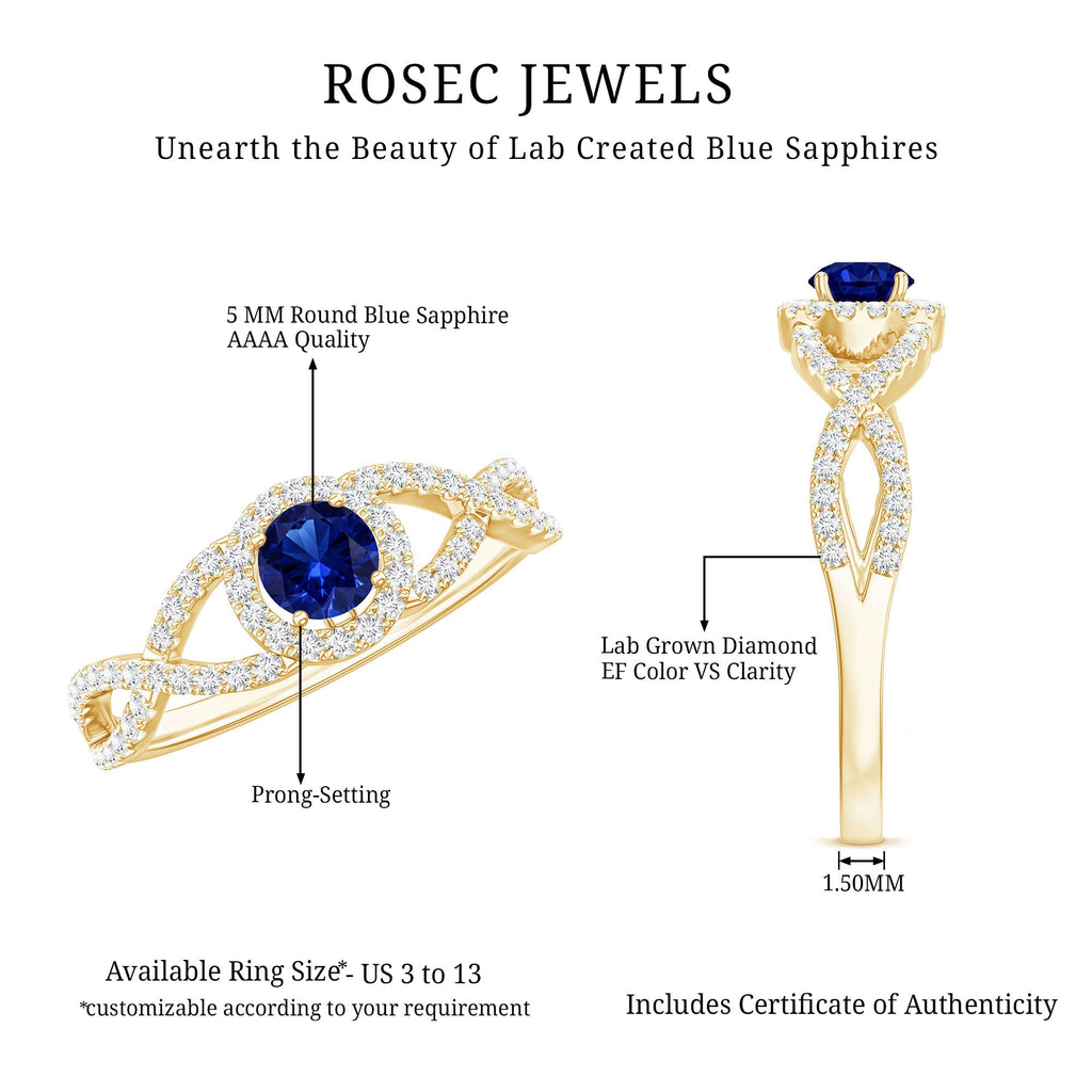 Certified 0.6 Carat Lab Grown Blue Sapphire Crossover Engagement Ring with Diamond