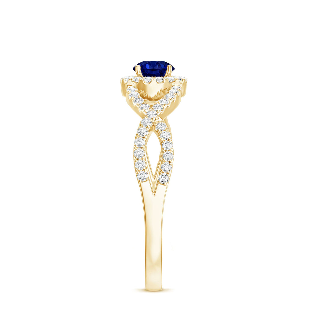 Certified 0.6 Carat Lab Grown Blue Sapphire Crossover Engagement Ring with Diamond