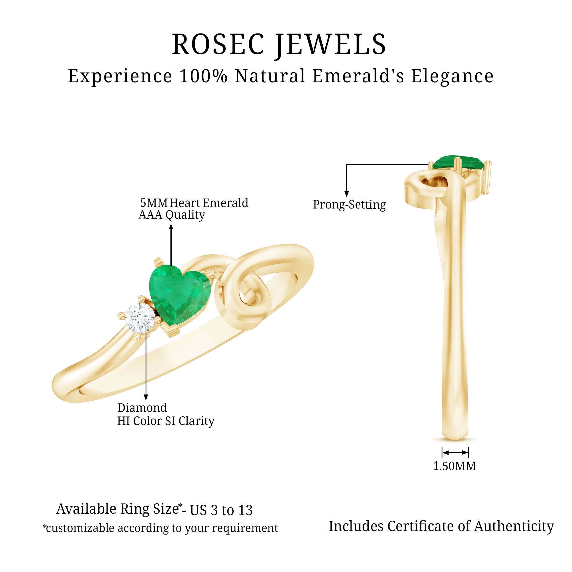 Real Emerald and Diamond Heart Promise Ring with Twisted Shank