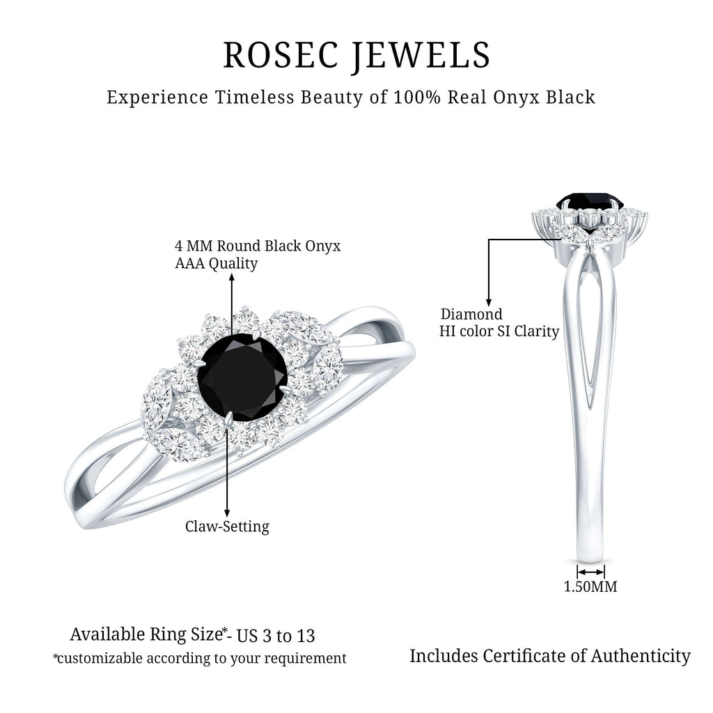 Natural Black Onyx and Diamond Floral Engagement Ring