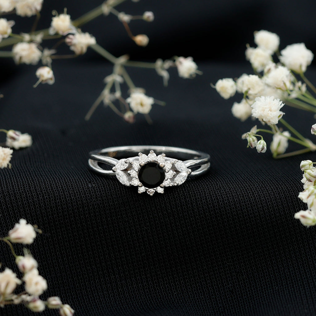 Natural Black Onyx and Diamond Floral Engagement Ring