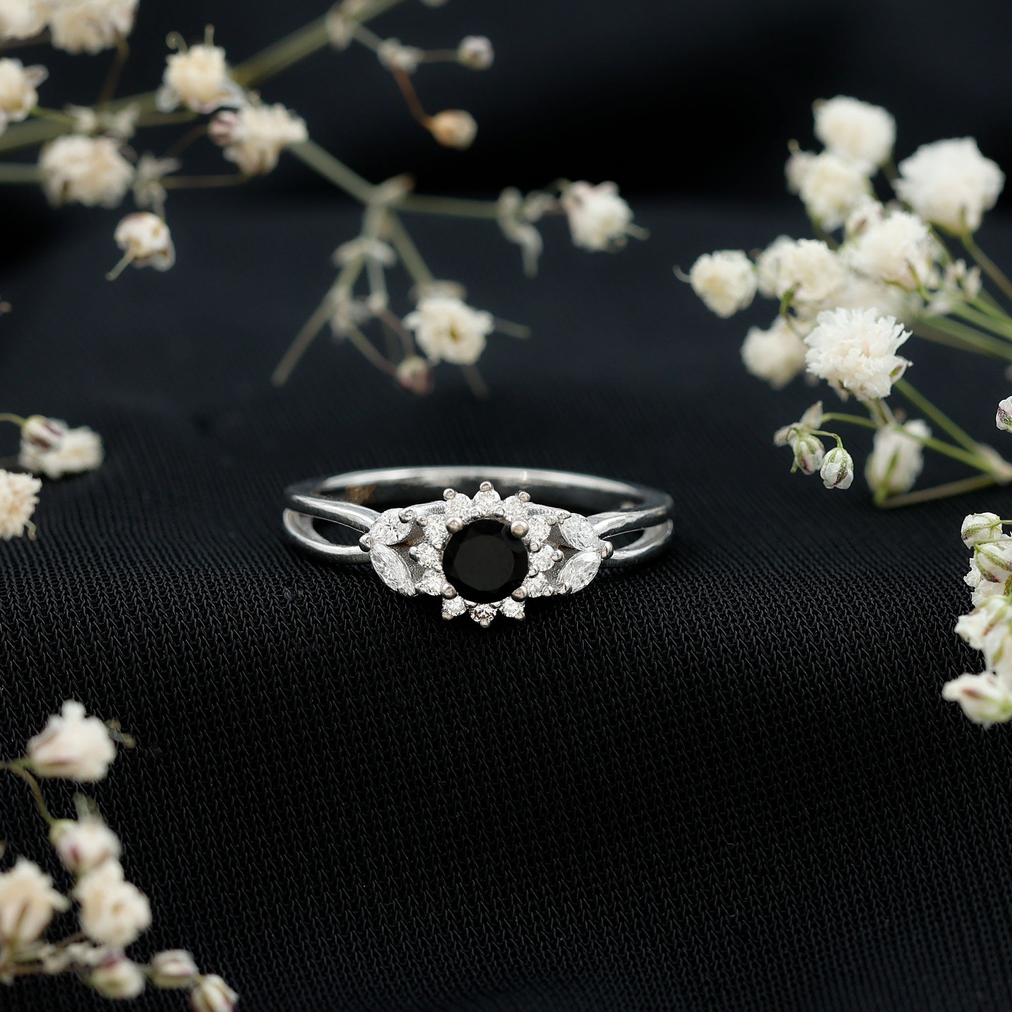 Natural Black Onyx and Diamond Floral Engagement Ring