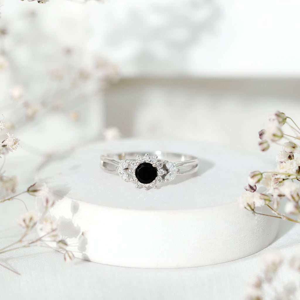 Natural Black Onyx and Diamond Floral Engagement Ring