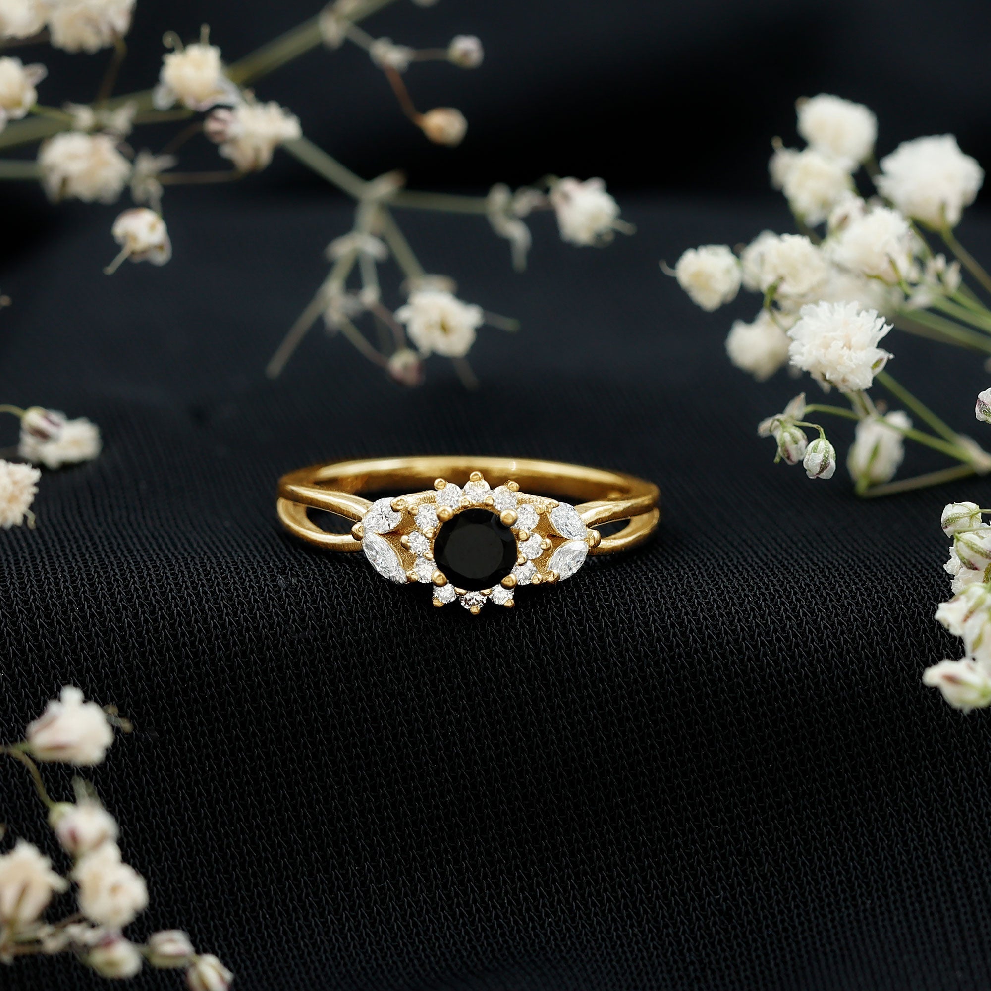 Natural Black Onyx and Diamond Floral Engagement Ring