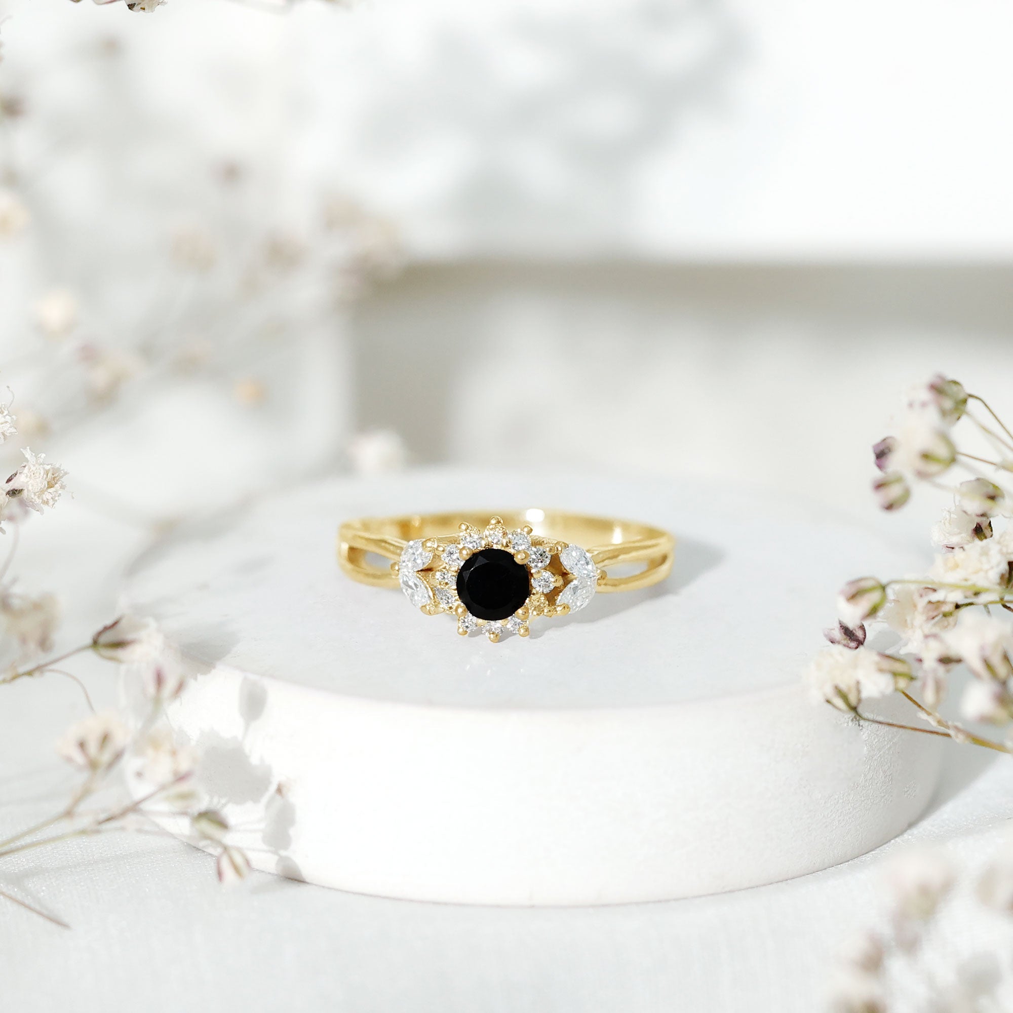 Natural Black Onyx and Diamond Floral Engagement Ring
