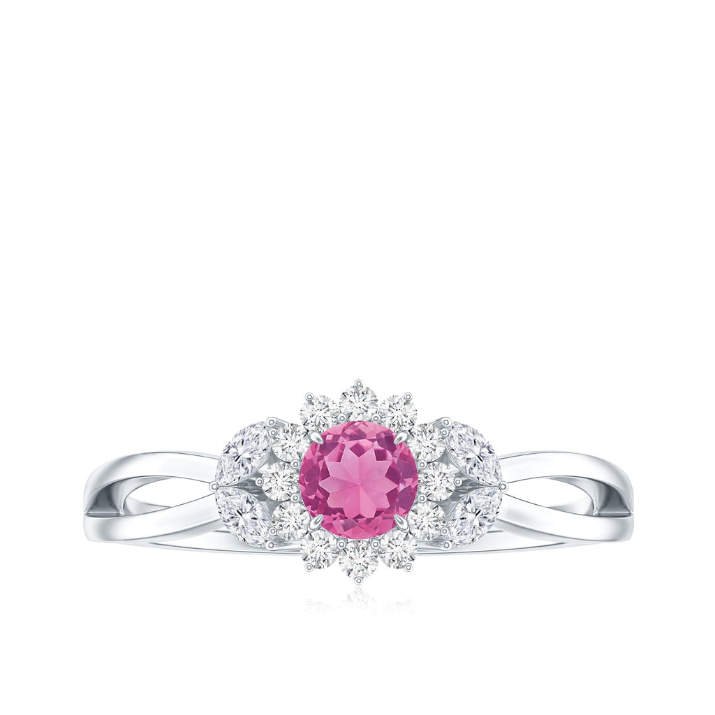Pink Tourmaline and Diamond Flower Engagement Ring with Split Shank
