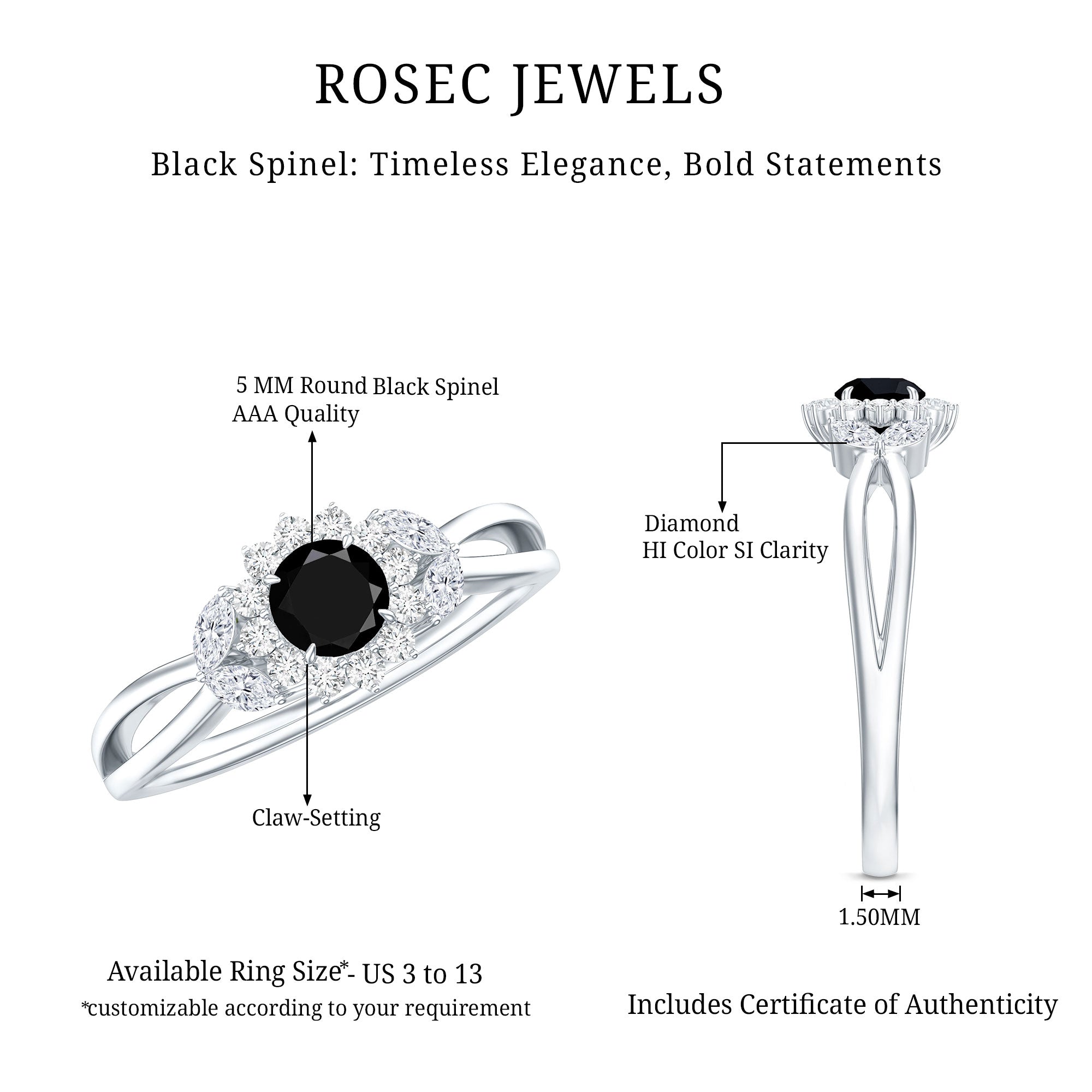 Nature Inspired Black Spinel Flower Engagement Ring with Diamond