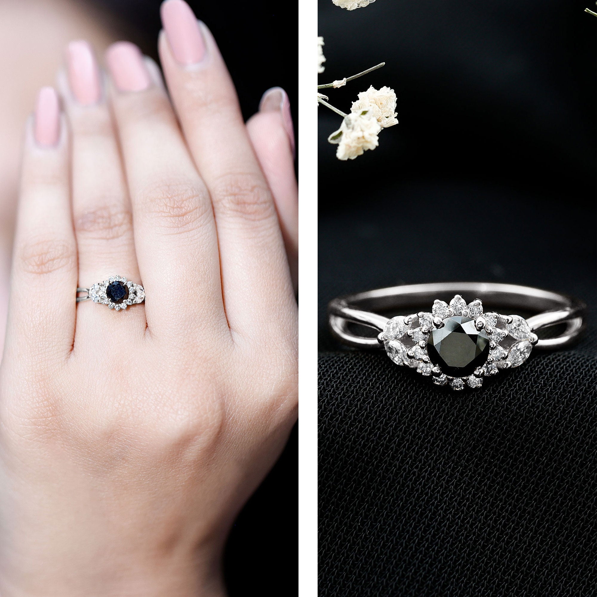 Nature Inspired Black Spinel Flower Engagement Ring with Diamond