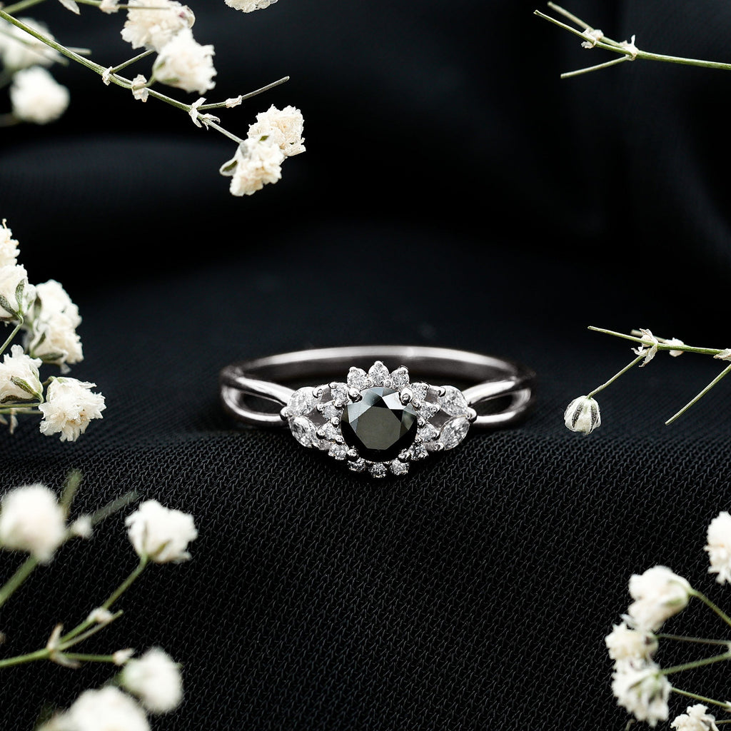 Nature Inspired Black Spinel Flower Engagement Ring with Diamond