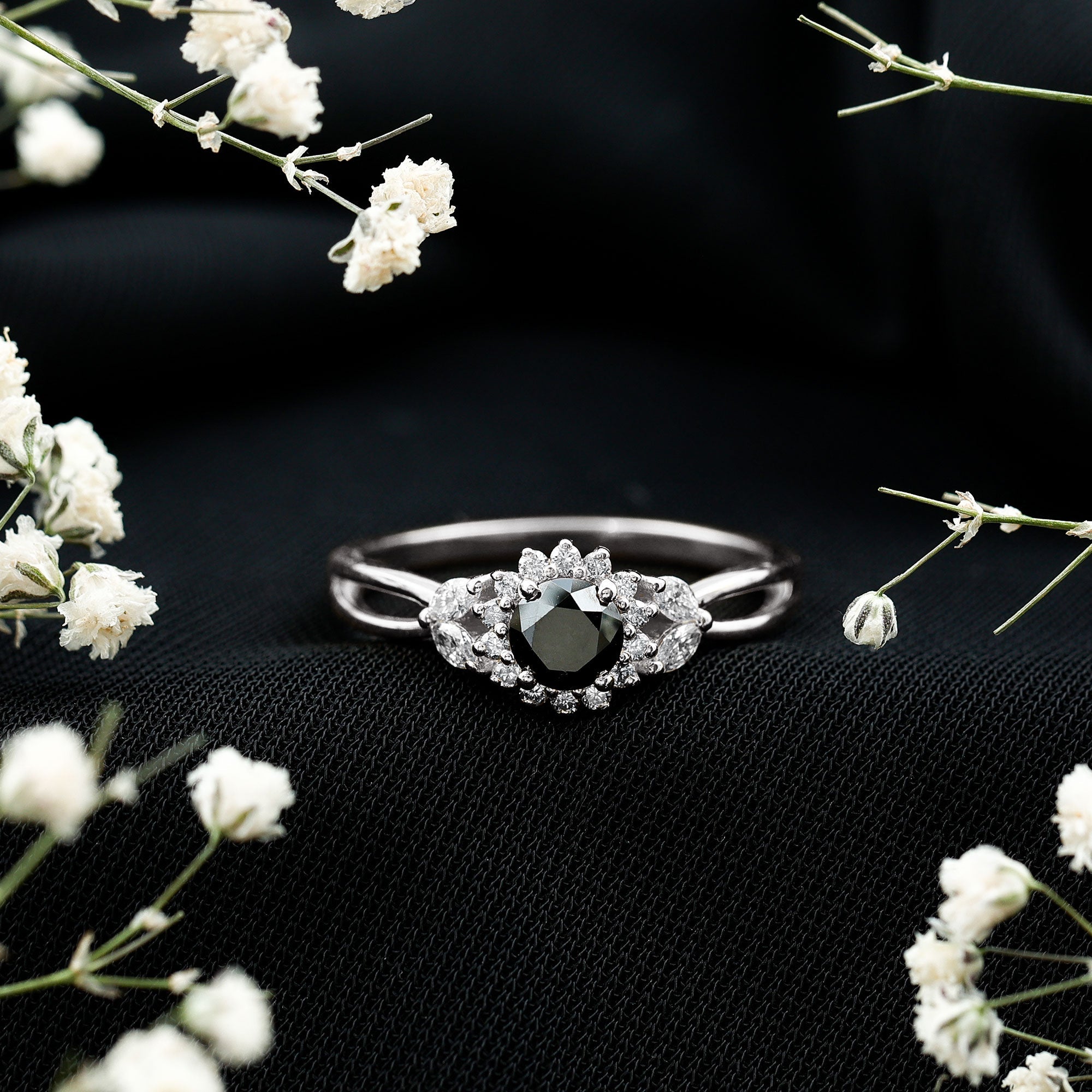 Nature Inspired Black Spinel Flower Engagement Ring with Diamond