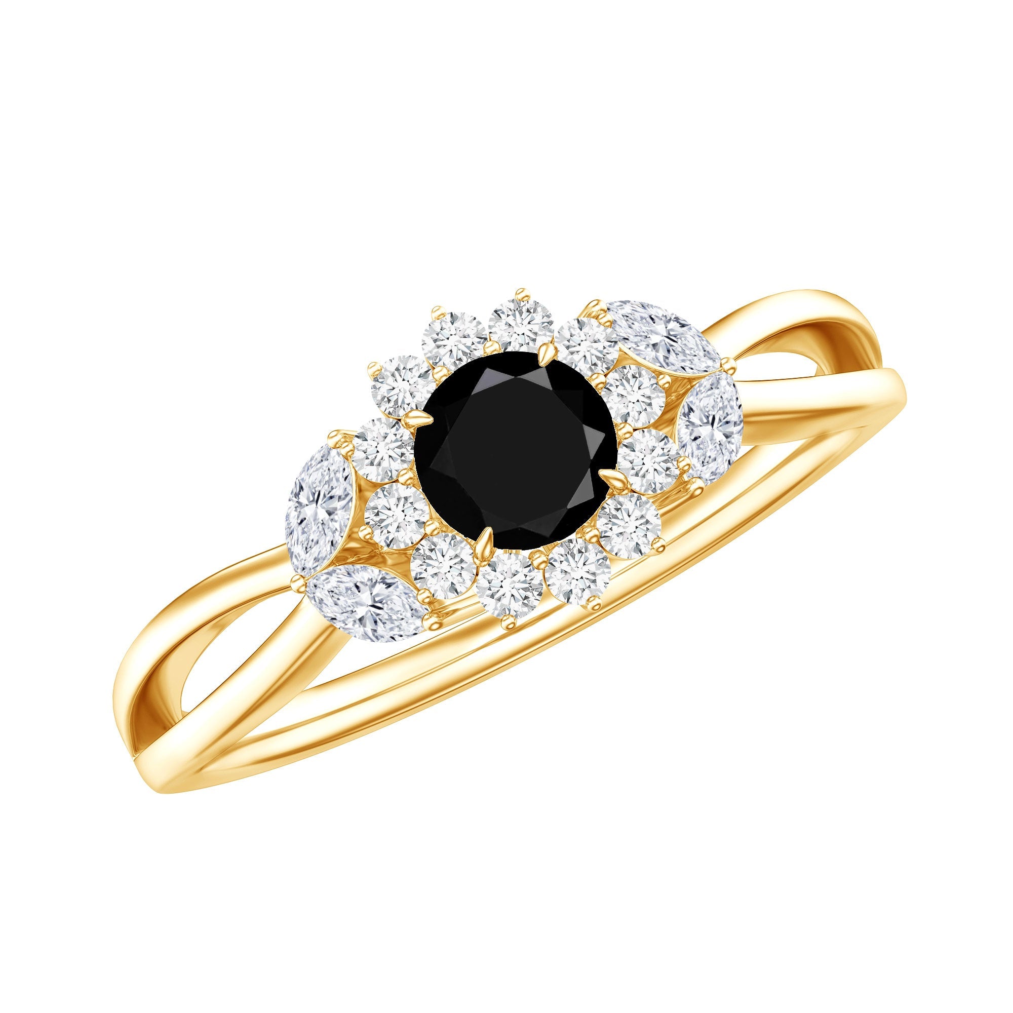 Nature Inspired Black Spinel Flower Engagement Ring with Diamond
