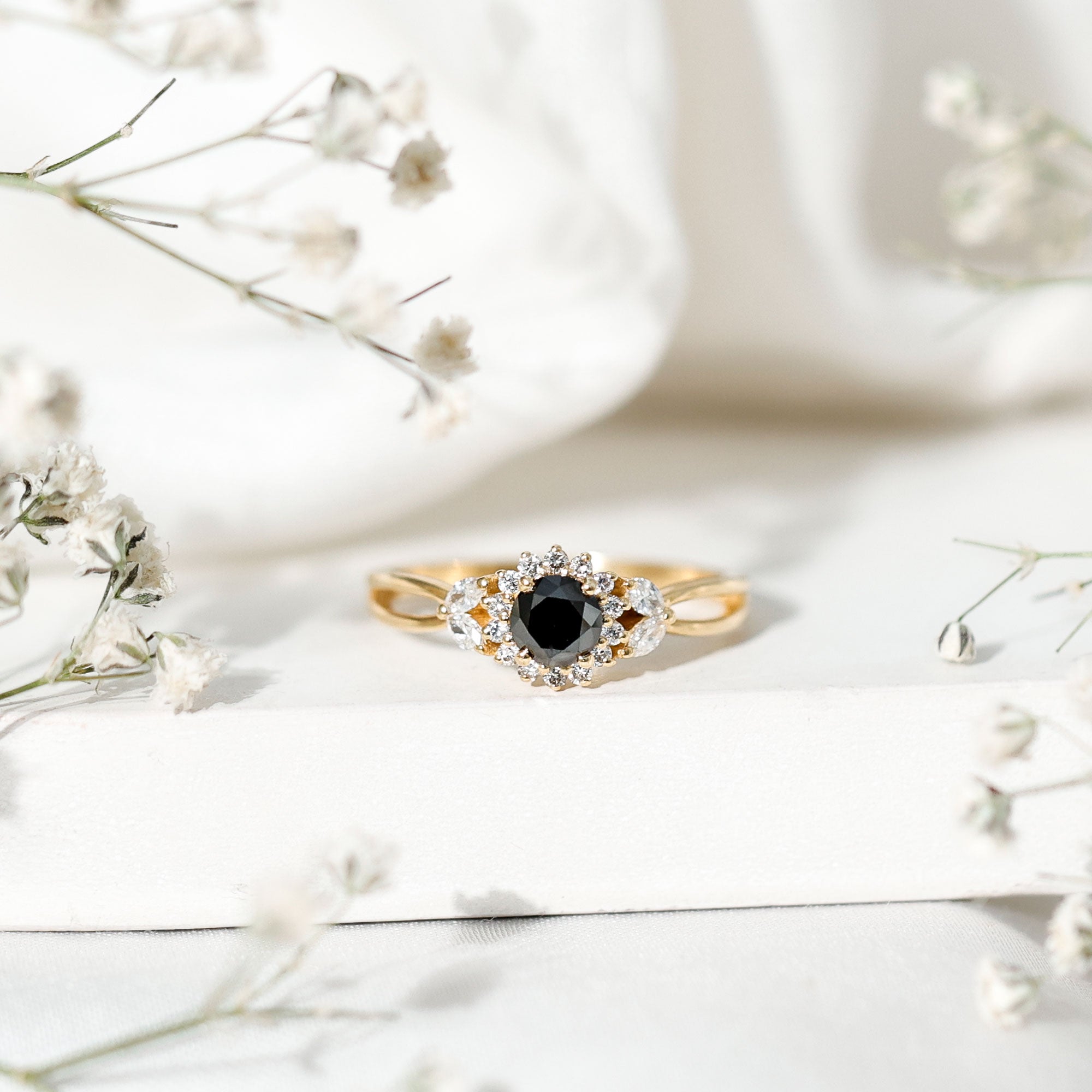Nature Inspired Black Spinel Flower Engagement Ring with Diamond