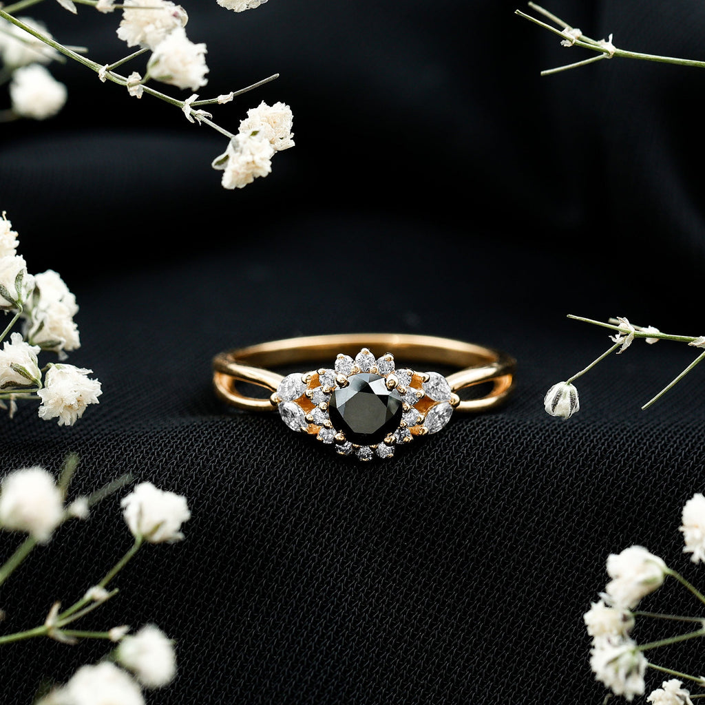 Nature Inspired Black Spinel Flower Engagement Ring with Diamond