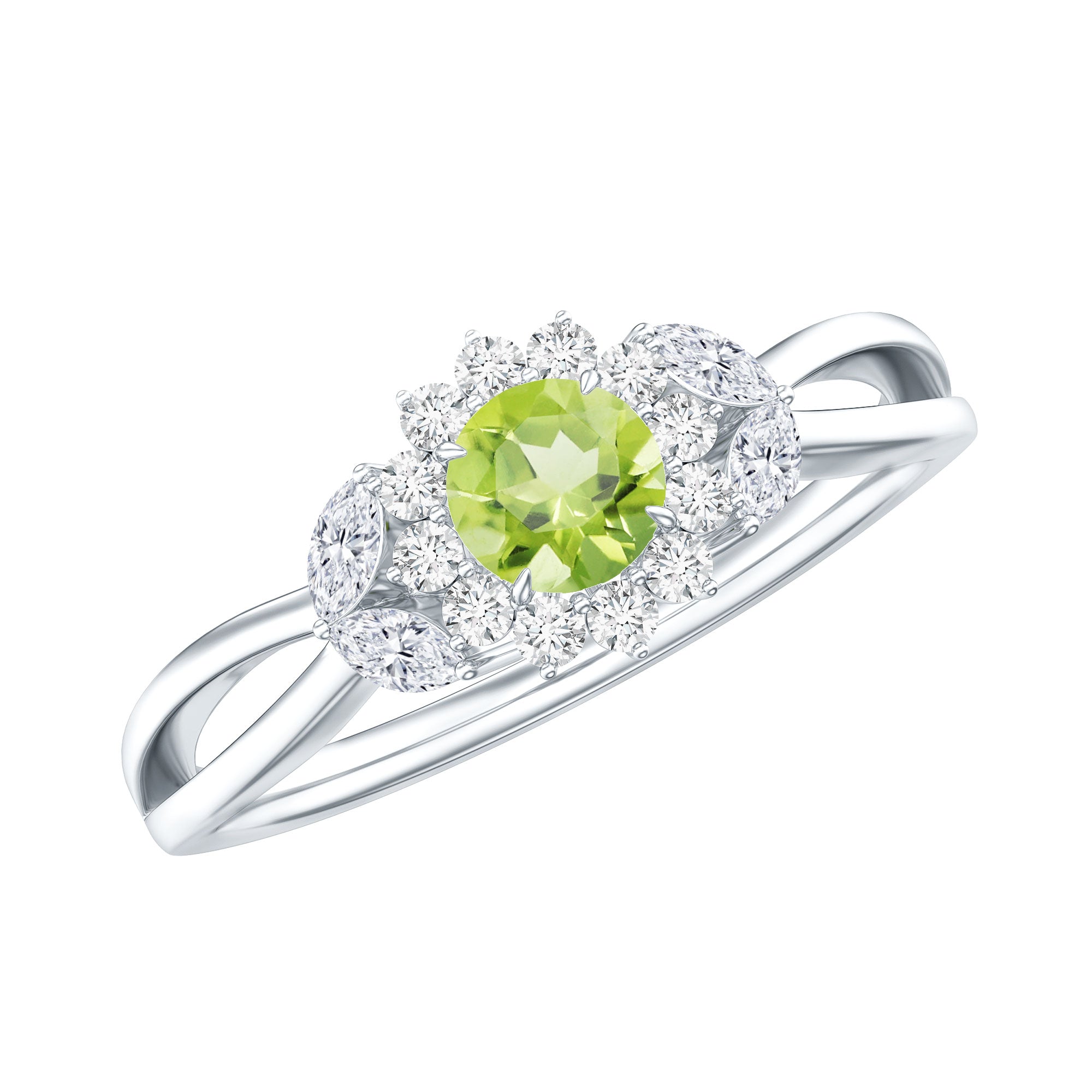 Natural 0.5 Carat Peridot Flower Engagement Ring with Diamond