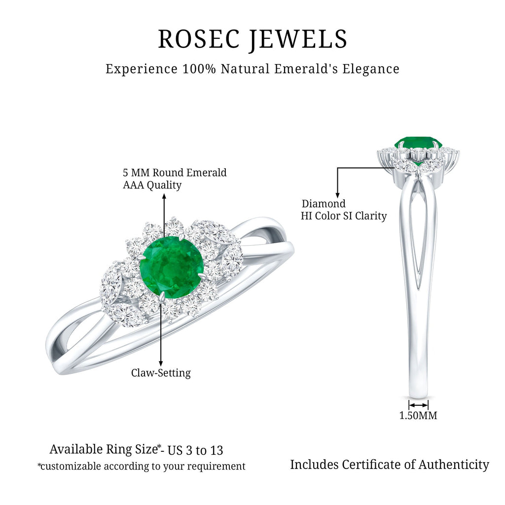 Real Emerald and Diamond Flower Engagement Ring with Split Shank
