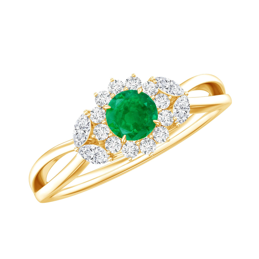 Real Emerald and Diamond Flower Engagement Ring with Split Shank