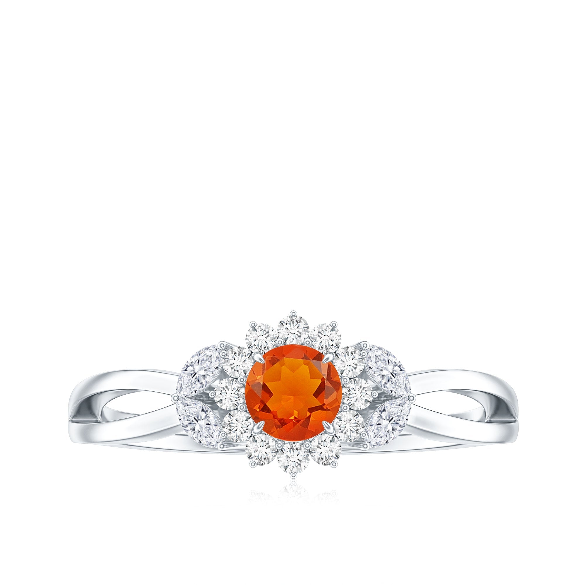 Fire Opal and Diamond Flower Engagement Ring with Split Shank