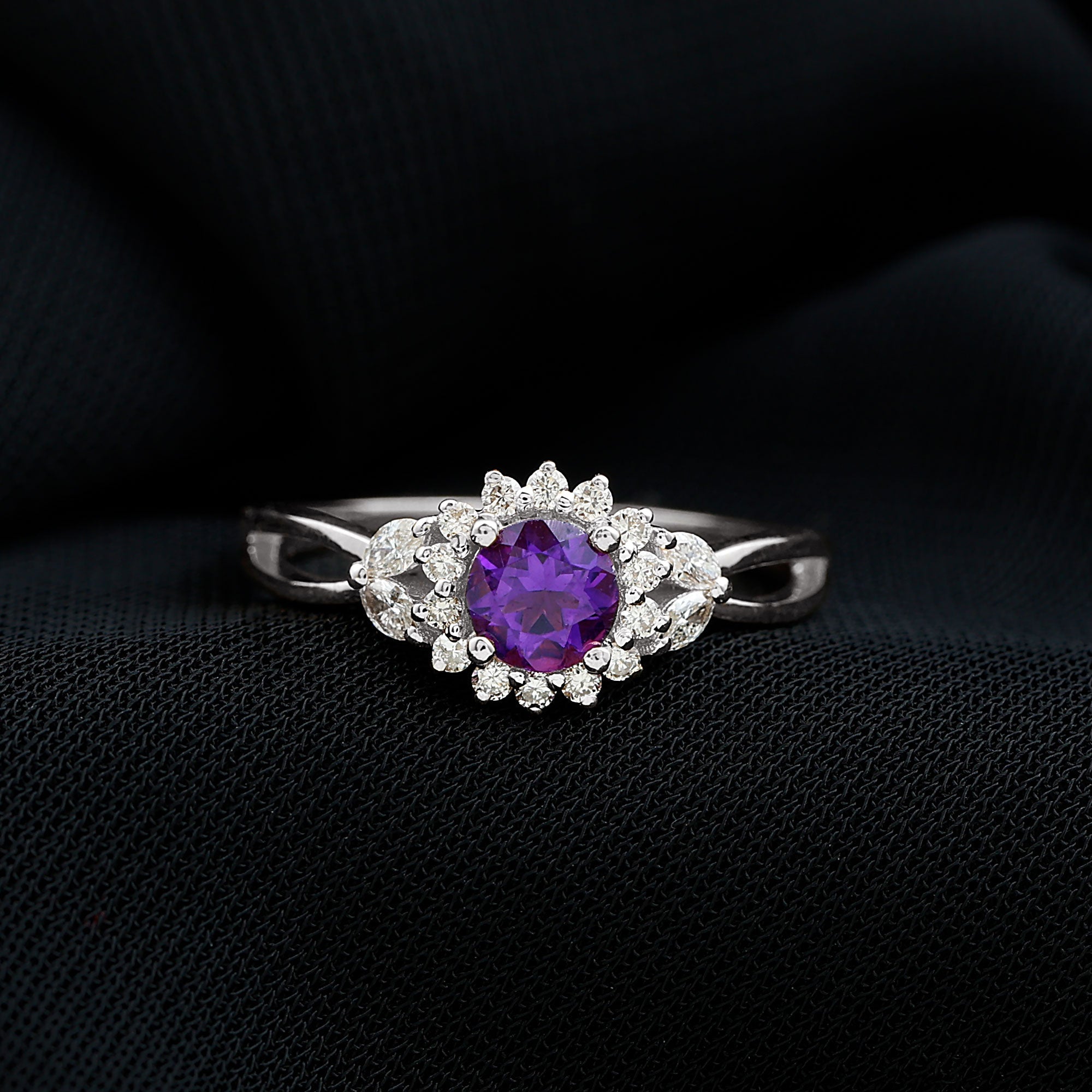 Split Shank Amethyst Flower Engagement Ring with Diamond