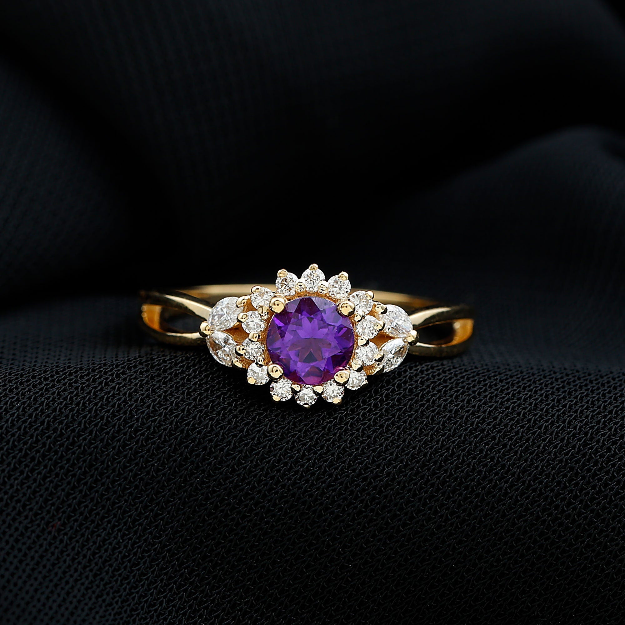 Split Shank Amethyst Flower Engagement Ring with Diamond