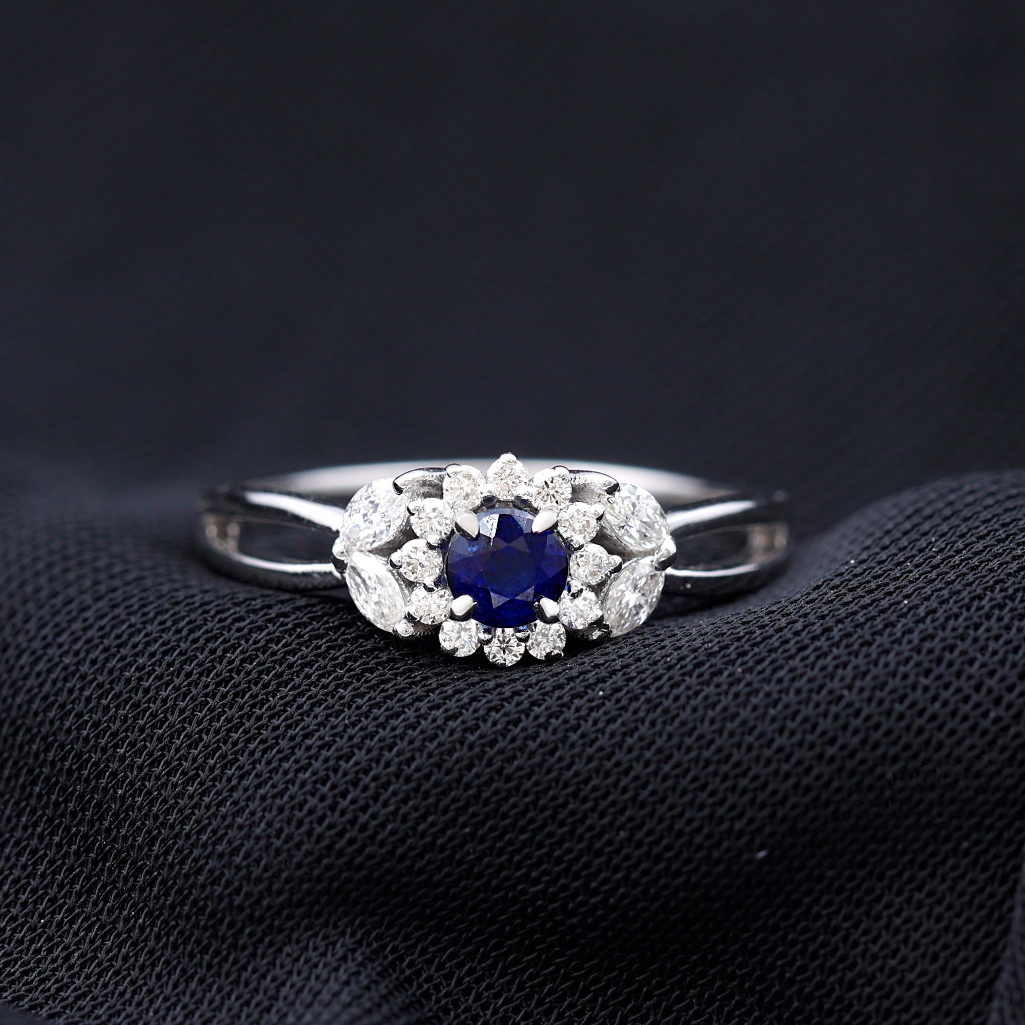 Certified Blue Sapphire Flower Engagement Ring with Diamond