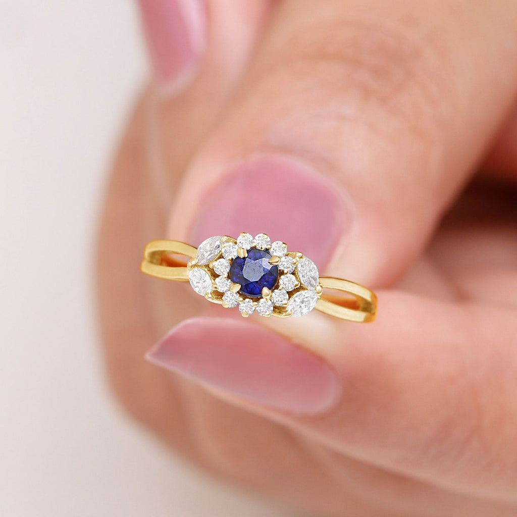 Certified Blue Sapphire Flower Engagement Ring with Diamond