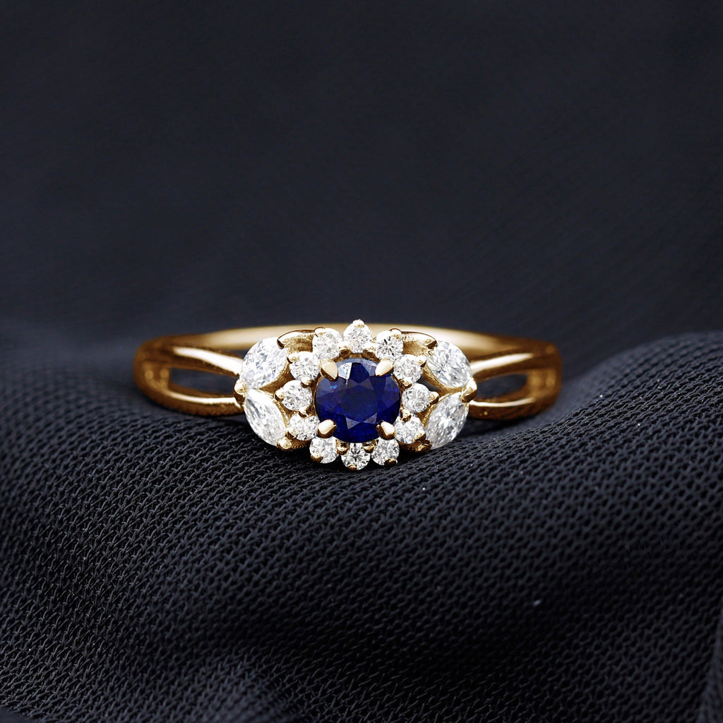 Certified Blue Sapphire Flower Engagement Ring with Diamond