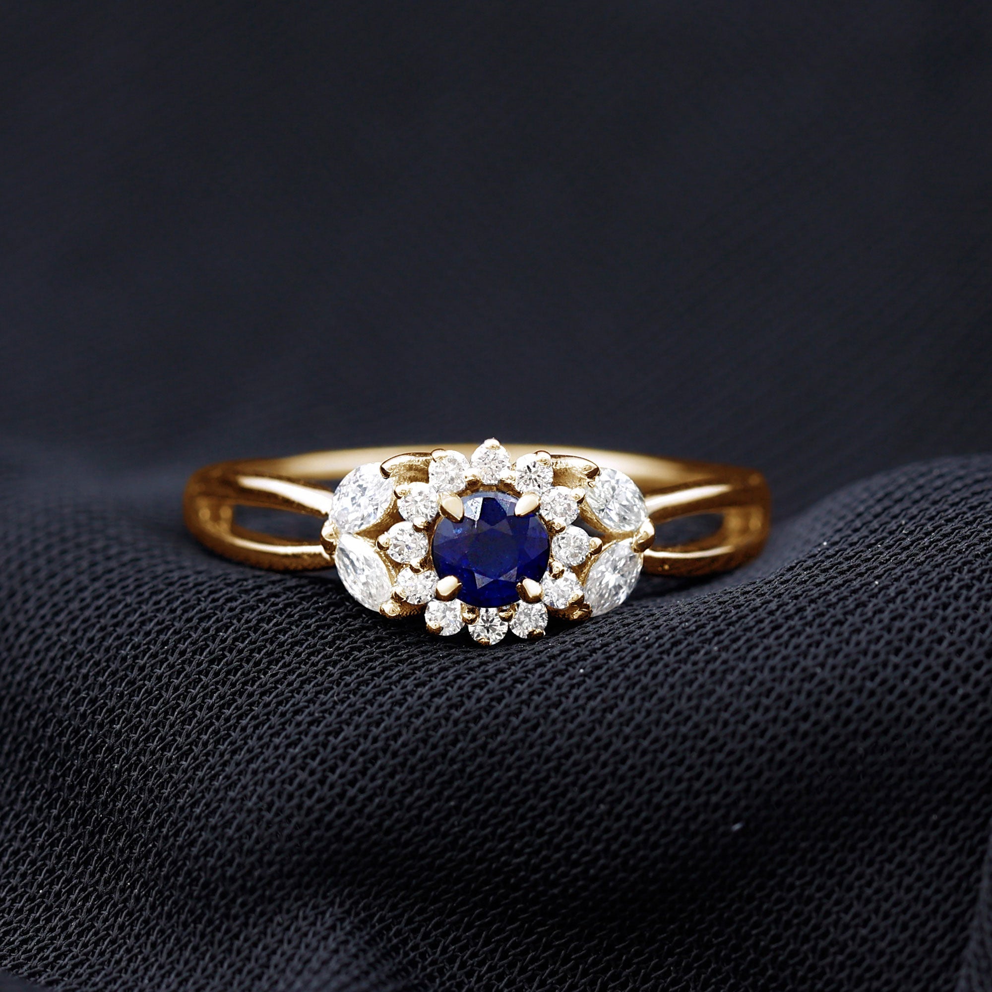 Certified Blue Sapphire Flower Engagement Ring with Diamond
