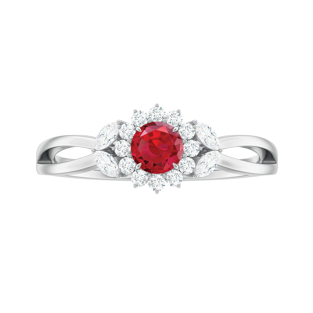 Lab Ruby and Diamond Flower Engagement Ring in Split Shank