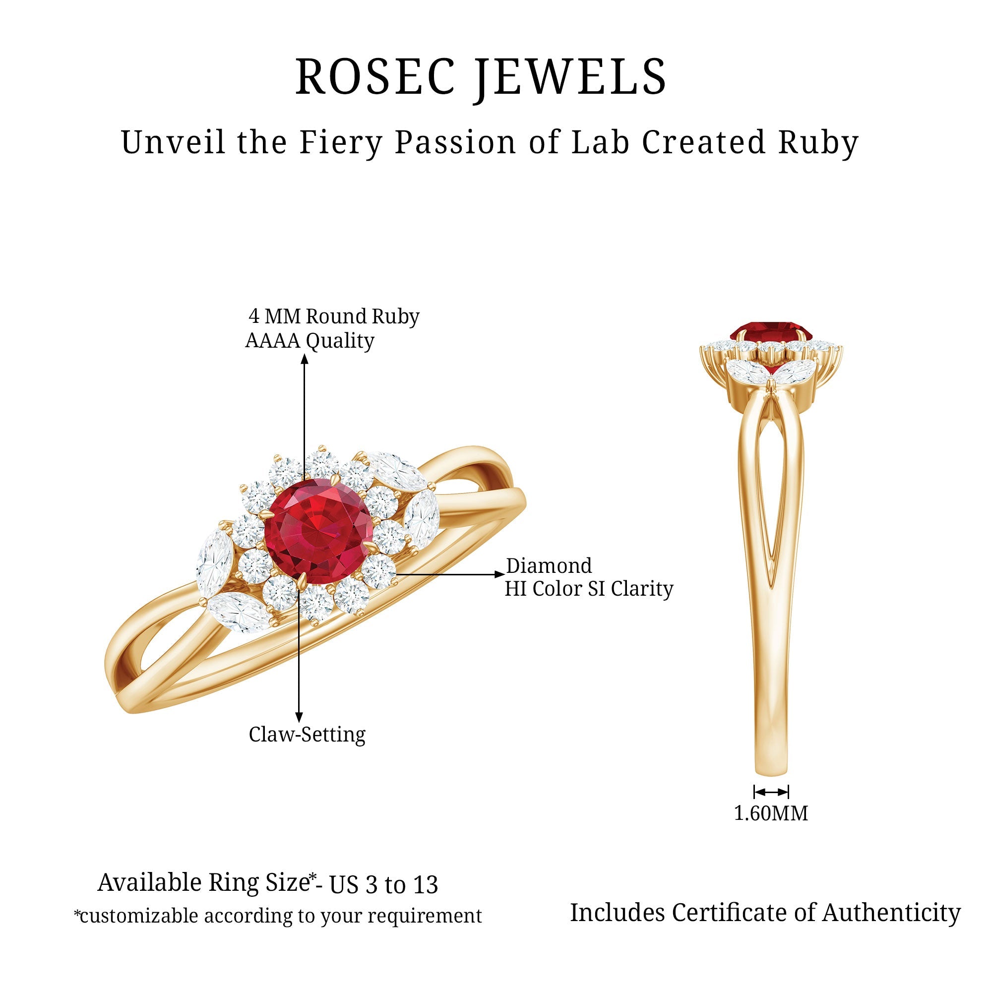 Lab Ruby and Diamond Flower Engagement Ring in Split Shank