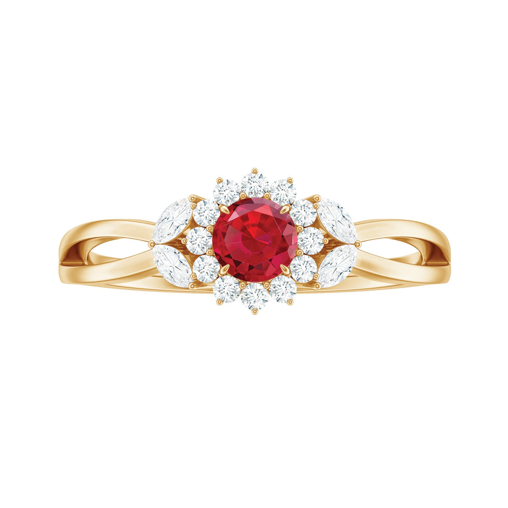 Lab Ruby and Diamond Flower Engagement Ring in Split Shank