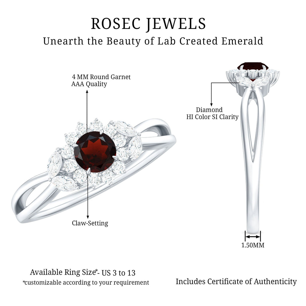 Natural Garnet Diamond Flower Engagement Ring with Split Shank