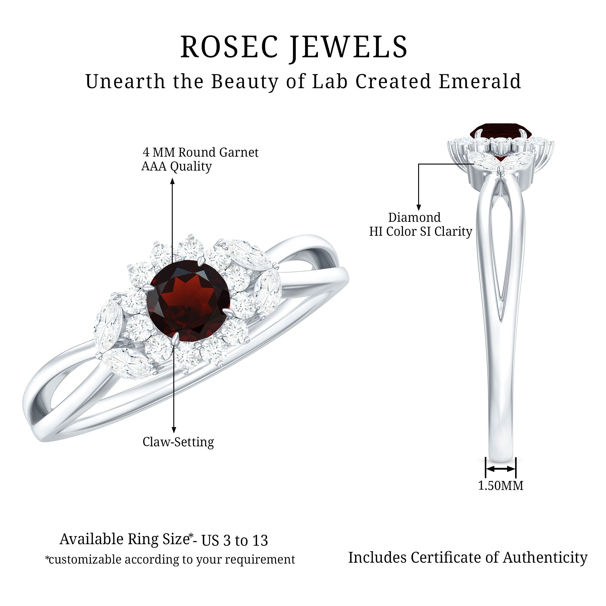 Natural Garnet Diamond Flower Engagement Ring with Split Shank