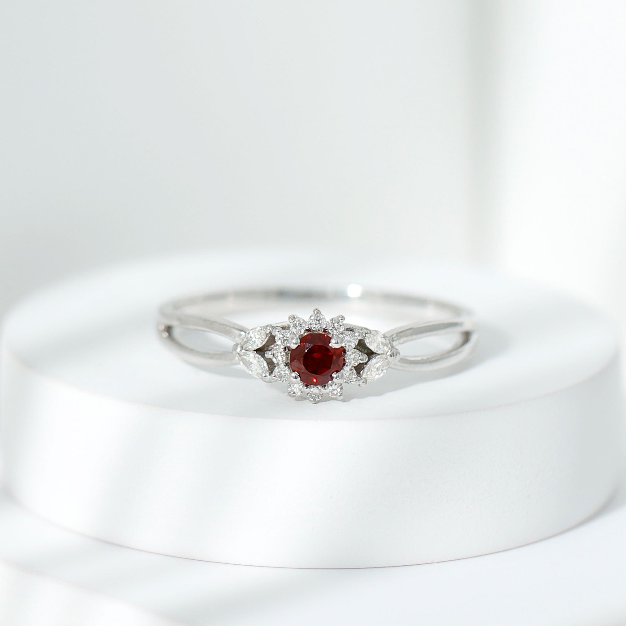 Natural Garnet Diamond Flower Engagement Ring with Split Shank