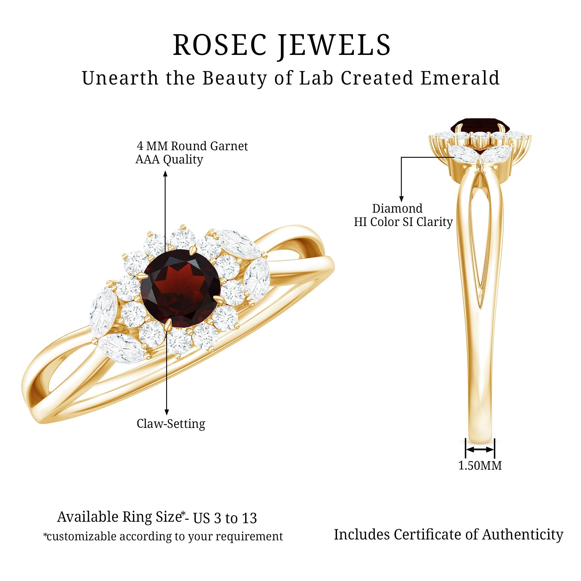 Natural Garnet Diamond Flower Engagement Ring with Split Shank