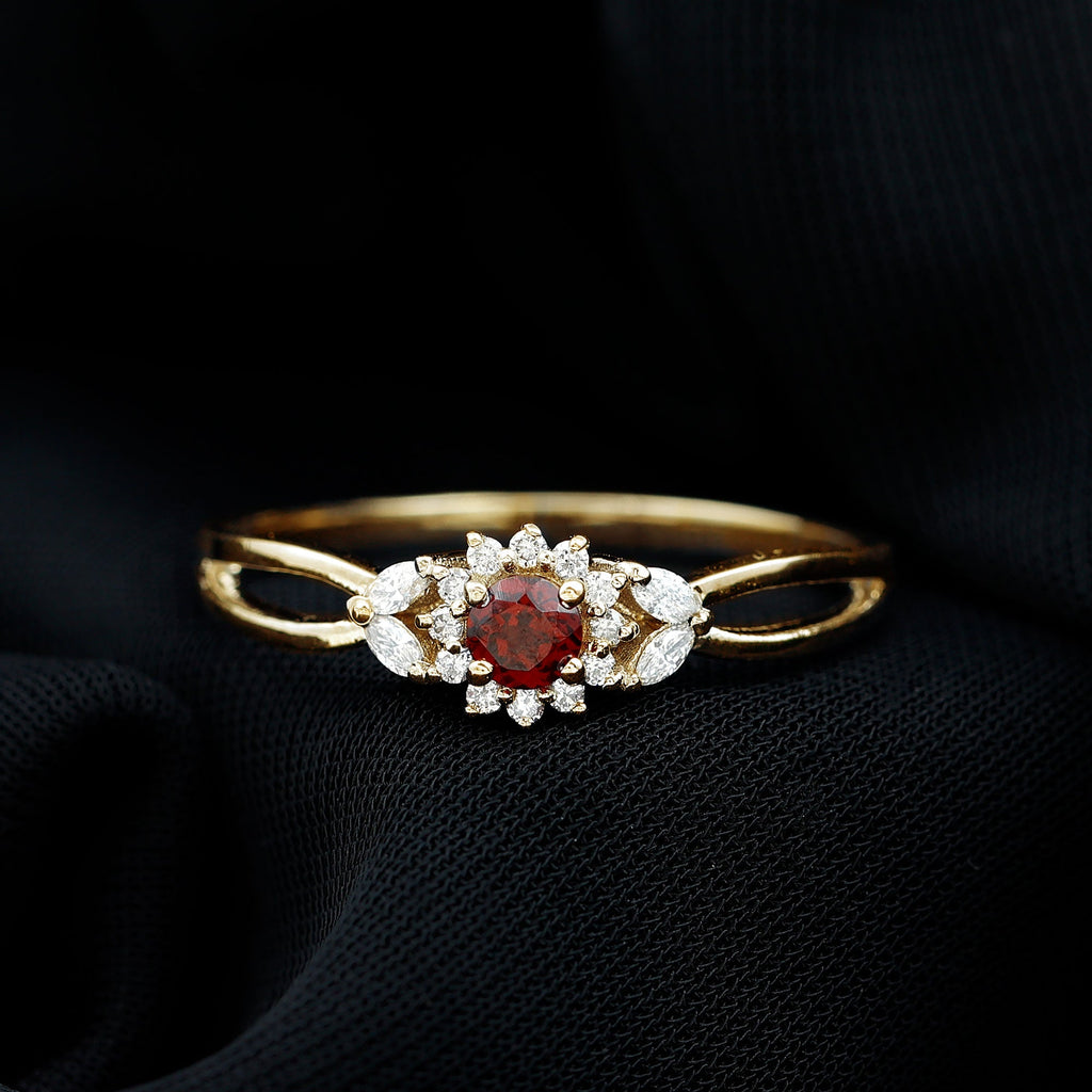 Natural Garnet Diamond Flower Engagement Ring with Split Shank