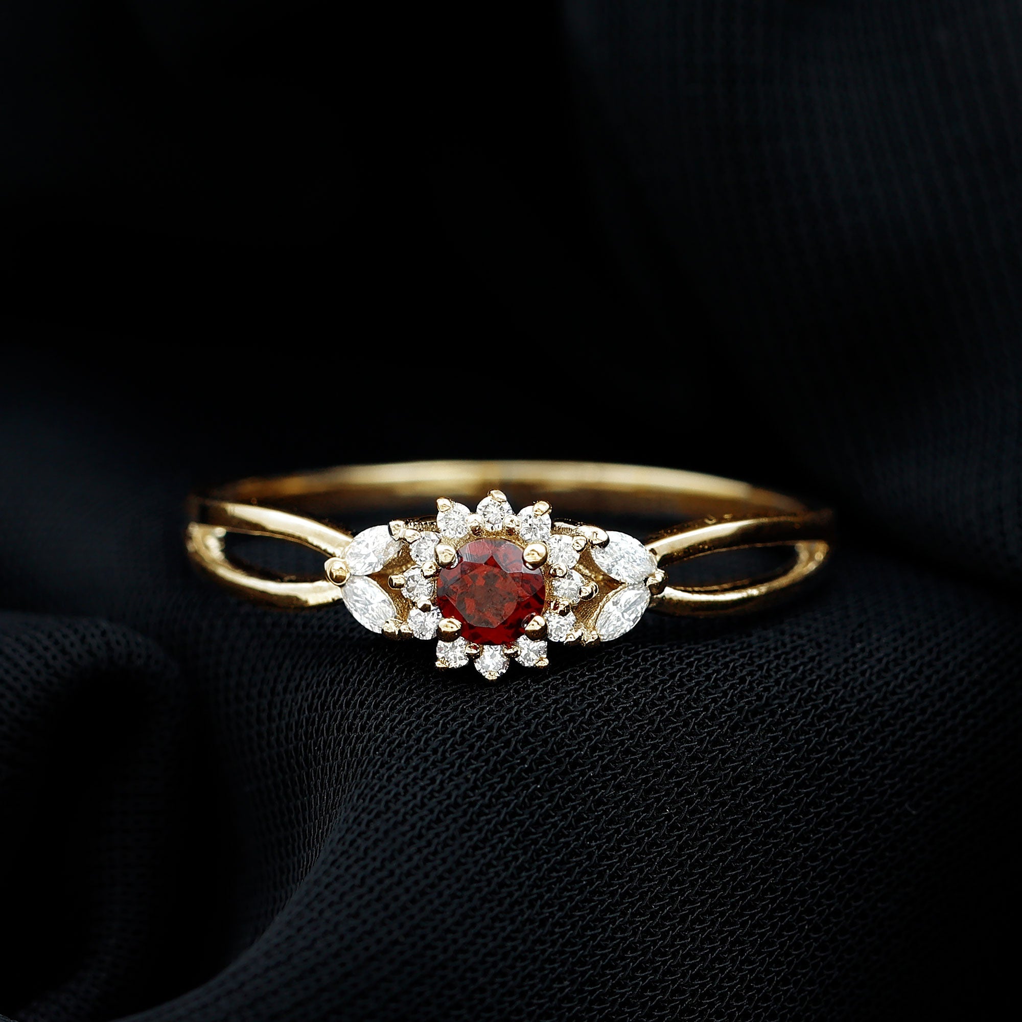 Natural Garnet Diamond Flower Engagement Ring with Split Shank