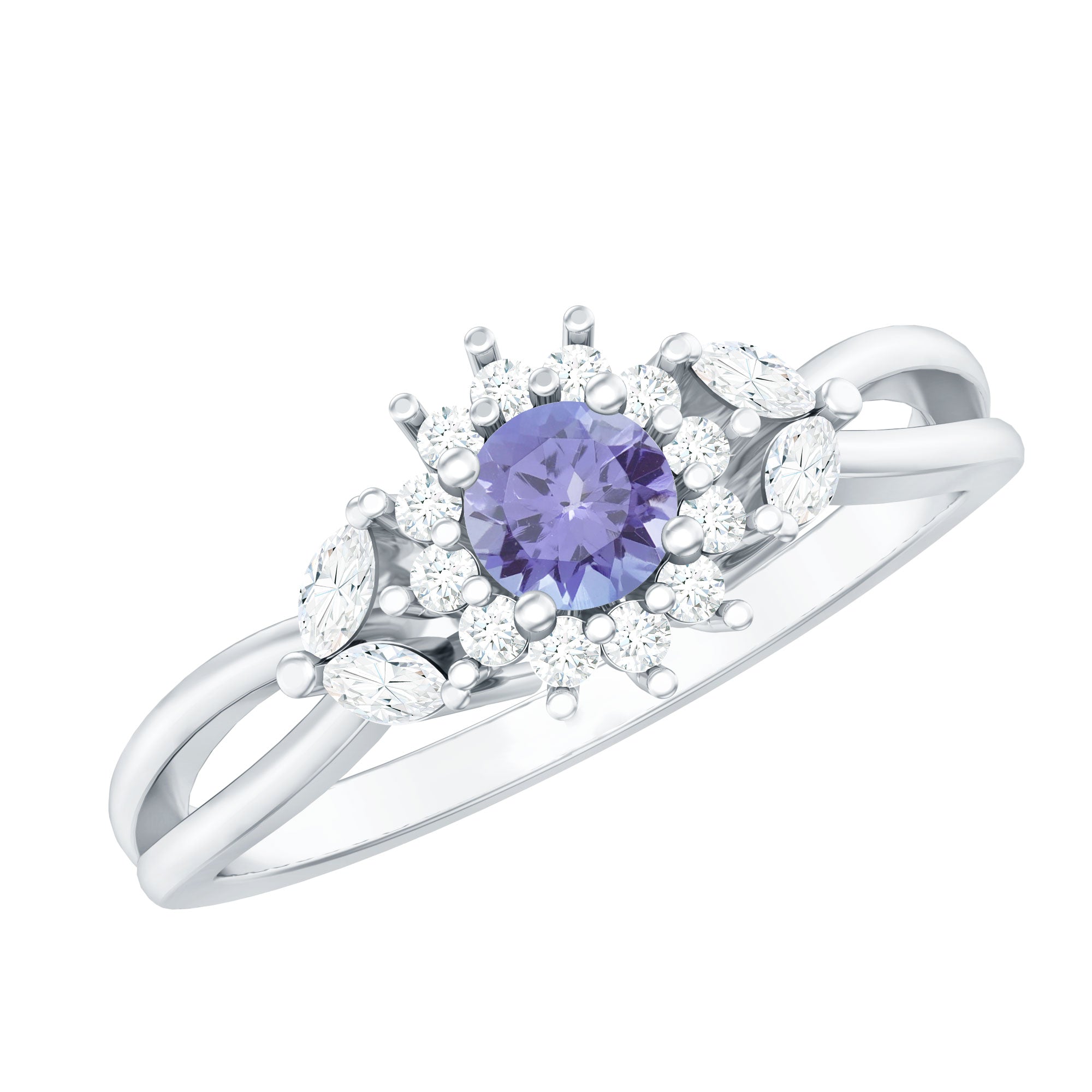 Genuine Tanzanite and Diamond Nature Engagement Ring with Split Shank