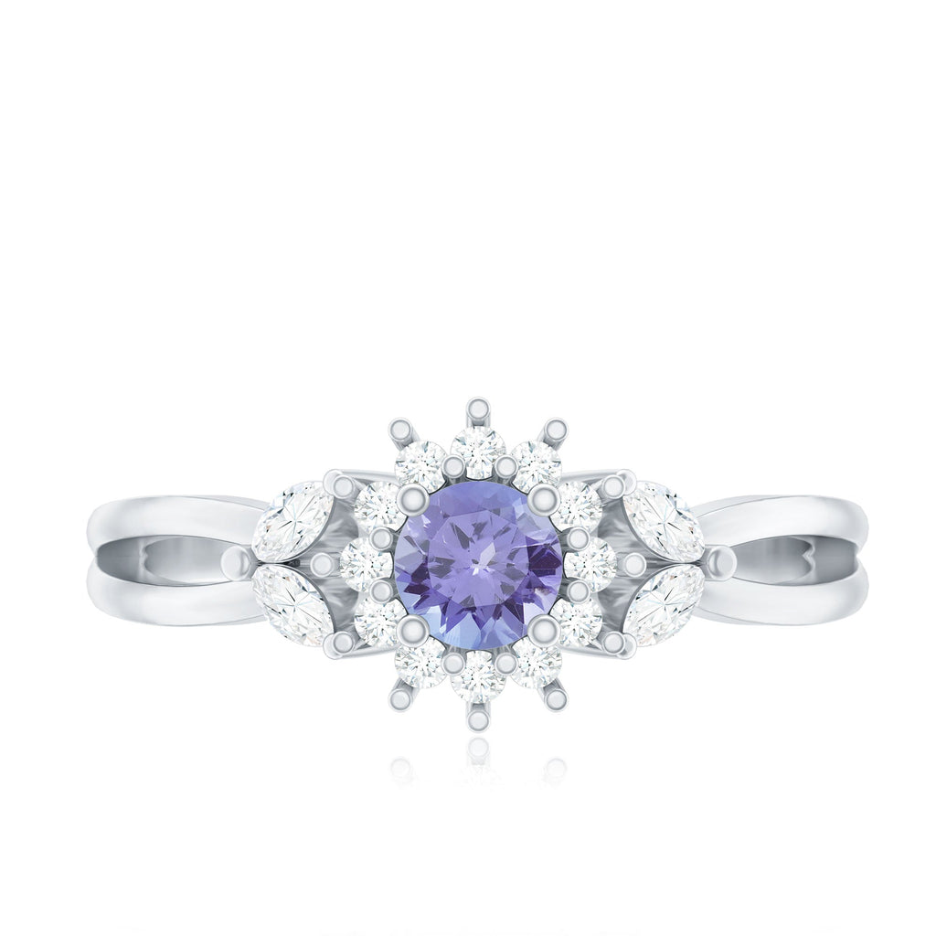 Genuine Tanzanite and Diamond Nature Engagement Ring with Split Shank